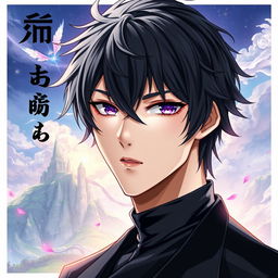A captivating light novel cover in the Genshin Impact art style featuring a striking male character with shaggy black hair and mesmerizing amethyst eyes