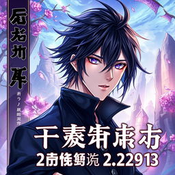 A captivating light novel cover in the Genshin Impact art style featuring a striking male character with shaggy black hair and mesmerizing amethyst eyes