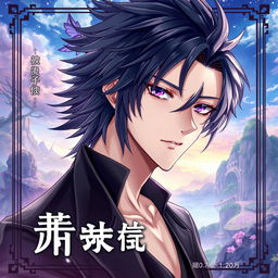 A captivating light novel cover in the Genshin Impact art style featuring a striking male character with shaggy black hair and mesmerizing amethyst eyes
