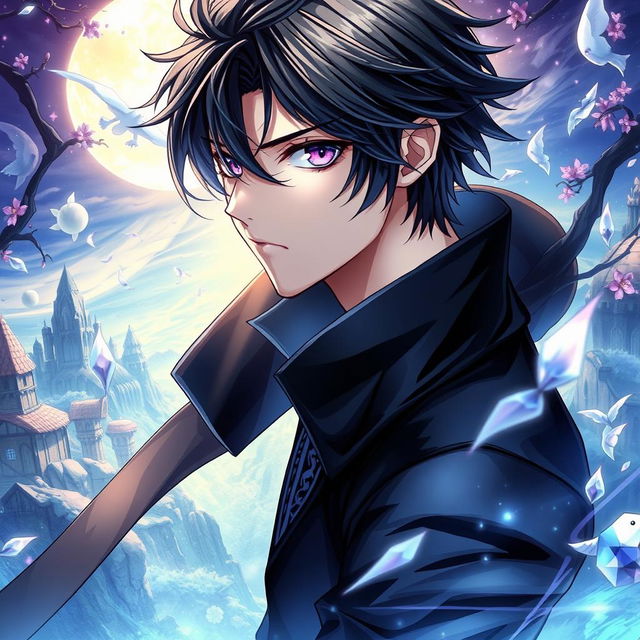 A captivating light novel cover in the Genshin Impact art style featuring a striking male character with shaggy black hair and mesmerizing amethyst eyes