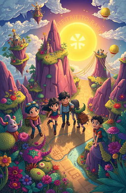 A whimsical illustration depicting a vibrant, fantastical world based on a mysterious upside-down map