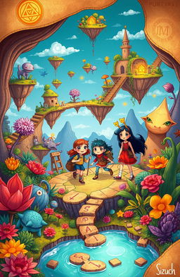 A whimsical illustration depicting a vibrant, fantastical world based on a mysterious upside-down map