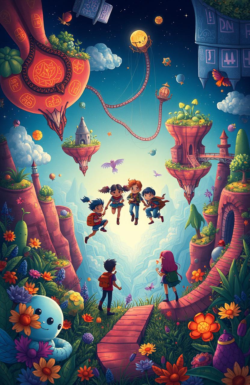 A whimsical illustration depicting a vibrant, fantastical world based on a mysterious upside-down map