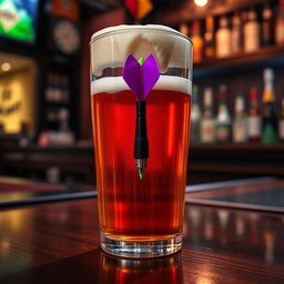 A vibrant and playful image featuring a dart pin submerged in a glass of beer