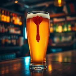 A vibrant and playful image featuring a dart pin submerged in a glass of beer