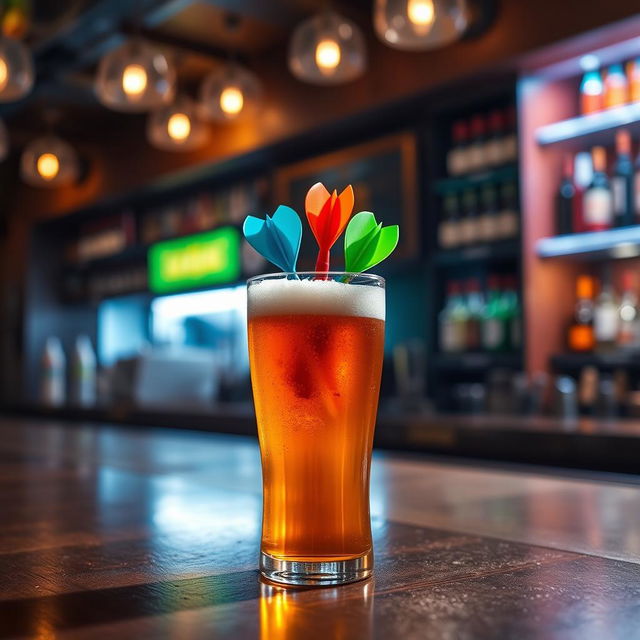 A vibrant and playful image featuring a dart pin submerged in a glass of beer