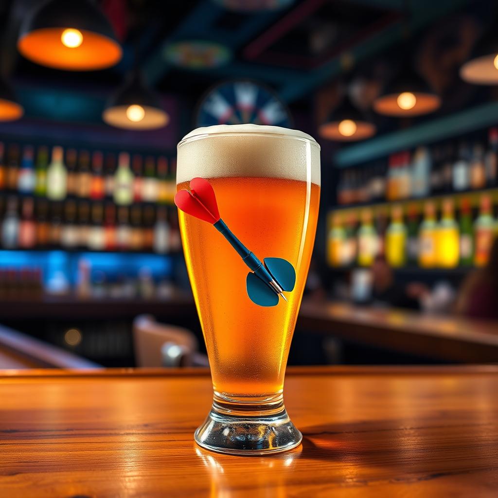 A vibrant and playful image featuring a dart pin submerged in a glass of beer