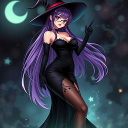 A sexy demonic anime girl witch with long, flowing purple hair styled elegantly and adorned with fashionable glasses