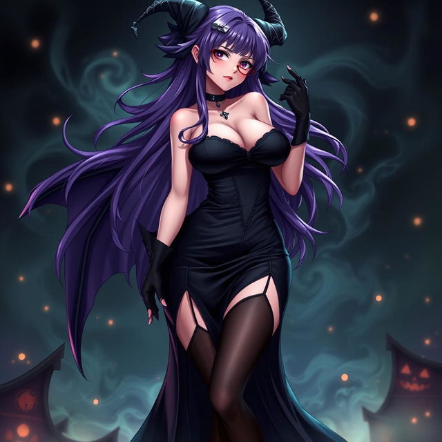 A sexy demonic anime girl witch with long, flowing purple hair styled elegantly and adorned with fashionable glasses