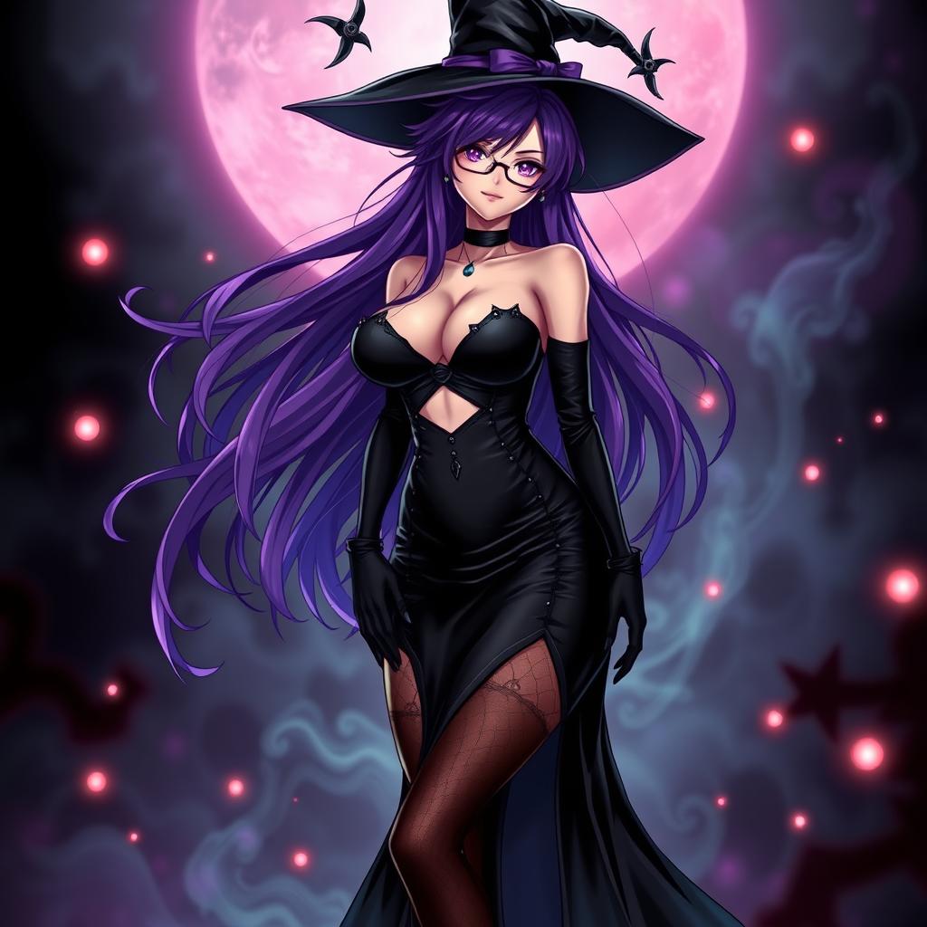 A sexy demonic anime girl witch with long, flowing purple hair styled elegantly and adorned with fashionable glasses