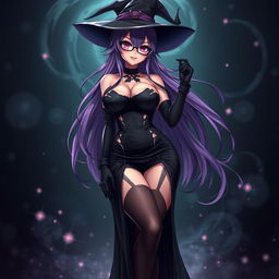 A sexy demonic anime girl witch characterized by her long, flowing purple hair and fashionable glasses that enhance her mystical appeal