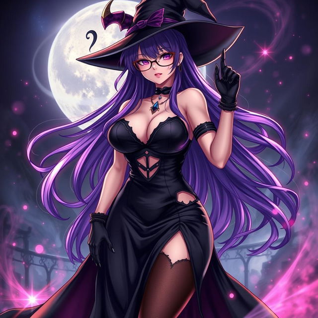 A sexy demonic anime girl witch characterized by her long, flowing purple hair and fashionable glasses that enhance her mystical appeal