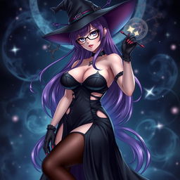 A sexy demonic anime girl witch characterized by her long, flowing purple hair and fashionable glasses that enhance her mystical appeal
