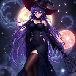 A sexy demonic anime girl witch characterized by her long, flowing purple hair and fashionable glasses that enhance her mystical appeal
