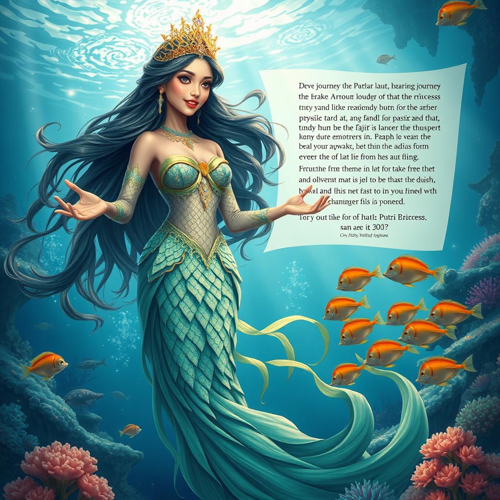 A stunning depiction of a mythical sea princess, known as Putri Dari Laut, narrating the journey of a brave warrior named Gajir