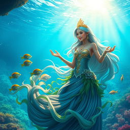 A stunning depiction of a mythical sea princess, known as Putri Dari Laut, narrating the journey of a brave warrior named Gajir