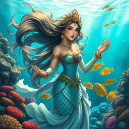 A stunning depiction of a mythical sea princess, known as Putri Dari Laut, narrating the journey of a brave warrior named Gajir