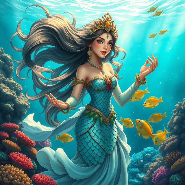 A stunning depiction of a mythical sea princess, known as Putri Dari Laut, narrating the journey of a brave warrior named Gajir