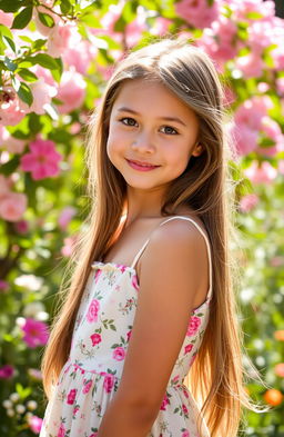 A stunning portrait of a beautiful girl with long flowing hair, wearing a delicate floral dress