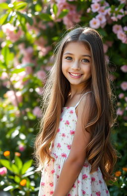 A stunning portrait of a beautiful girl with long flowing hair, wearing a delicate floral dress