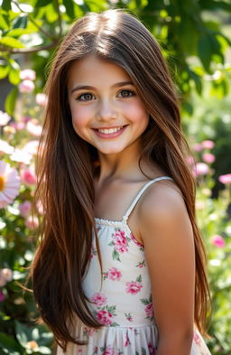 A stunning portrait of a beautiful girl with long flowing hair, wearing a delicate floral dress