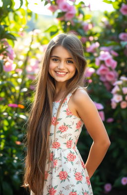 A stunning portrait of a beautiful girl with long flowing hair, wearing a delicate floral dress