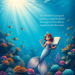 A beautiful mermaid princess sharing the tale of a young girl's journey to protect the blue ocean, amidst a vibrant underwater scene filled with colorful coral reefs, schools of fish, and shimmering sunlight filtering through the water