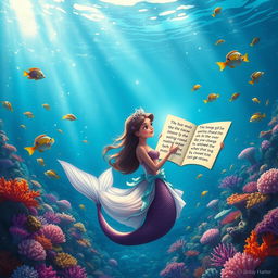 A beautiful mermaid princess sharing the tale of a young girl's journey to protect the blue ocean, amidst a vibrant underwater scene filled with colorful coral reefs, schools of fish, and shimmering sunlight filtering through the water