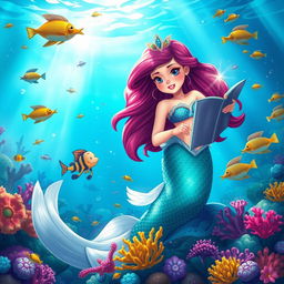 A beautiful mermaid princess sharing the tale of a young girl's journey to protect the blue ocean, amidst a vibrant underwater scene filled with colorful coral reefs, schools of fish, and shimmering sunlight filtering through the water