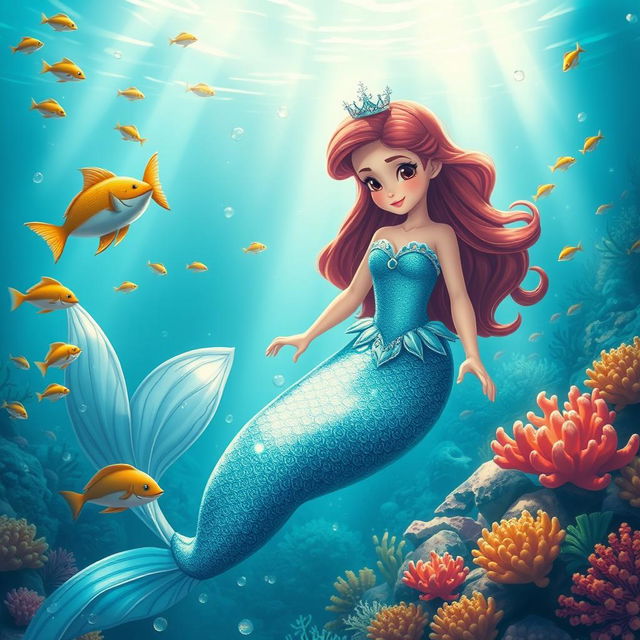 A beautiful mermaid princess sharing the tale of a young girl's journey to protect the blue ocean, amidst a vibrant underwater scene filled with colorful coral reefs, schools of fish, and shimmering sunlight filtering through the water