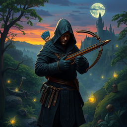 A hooded thief stands in a vibrant fantasy setting, cloaked in a dark tunic with intricate patterns