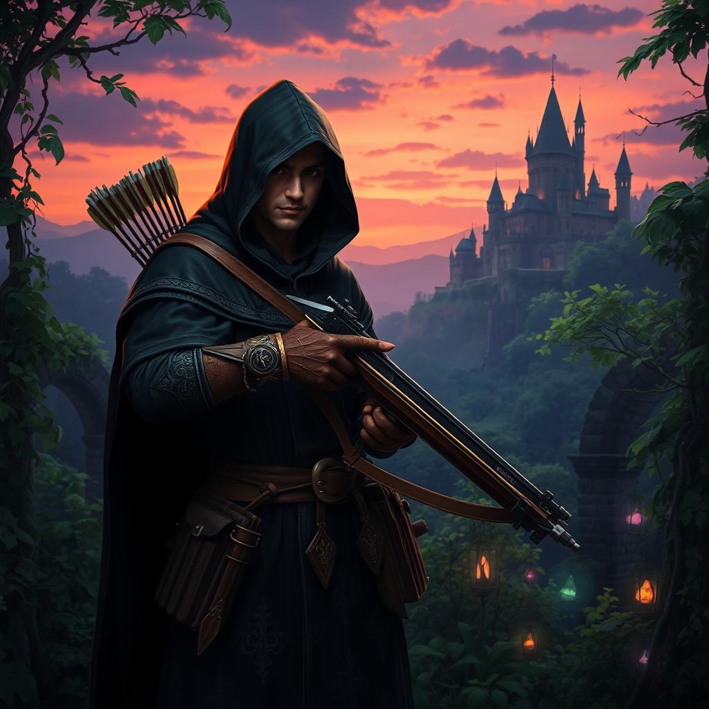 A hooded thief stands in a vibrant fantasy setting, cloaked in a dark tunic with intricate patterns