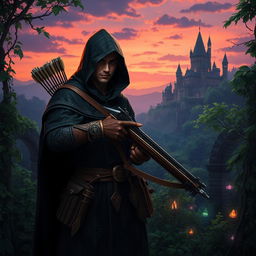 A hooded thief stands in a vibrant fantasy setting, cloaked in a dark tunic with intricate patterns