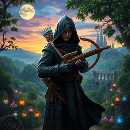 A hooded thief stands in a vibrant fantasy setting, cloaked in a dark tunic with intricate patterns