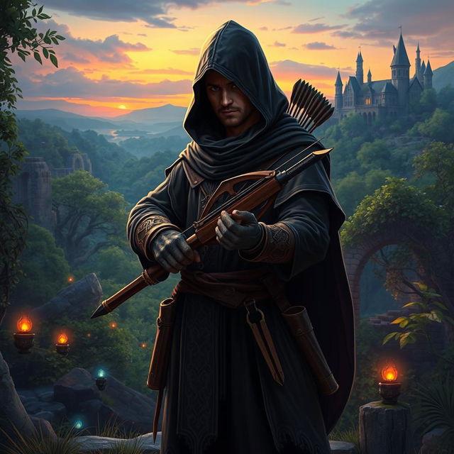 A hooded thief stands in a vibrant fantasy setting, cloaked in a dark tunic with intricate patterns