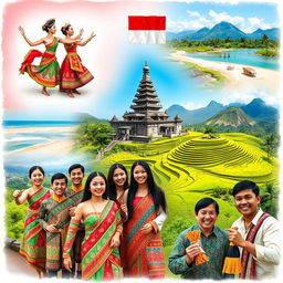 A vibrant collage showcasing the rich cultural diversity of Indonesia, featuring traditional dancers in colorful costumes performing a Balinese dance, intricate Batik patterns, majestic Temples such as Borobudur and Prambanan, lush rice terraces of Ubud, and traditional Indonesian food like Nasi Goreng and Satay