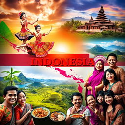 A vibrant collage showcasing the rich cultural diversity of Indonesia, featuring traditional dancers in colorful costumes performing a Balinese dance, intricate Batik patterns, majestic Temples such as Borobudur and Prambanan, lush rice terraces of Ubud, and traditional Indonesian food like Nasi Goreng and Satay