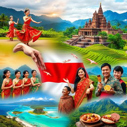A vibrant collage showcasing the rich cultural diversity of Indonesia, featuring traditional dancers in colorful costumes performing a Balinese dance, intricate Batik patterns, majestic Temples such as Borobudur and Prambanan, lush rice terraces of Ubud, and traditional Indonesian food like Nasi Goreng and Satay