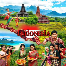 A vibrant collage showcasing the rich cultural diversity of Indonesia, featuring traditional dancers in colorful costumes performing a Balinese dance, intricate Batik patterns, majestic Temples such as Borobudur and Prambanan, lush rice terraces of Ubud, and traditional Indonesian food like Nasi Goreng and Satay