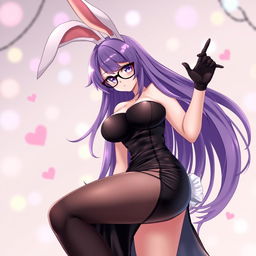 A sexy anime bunny girl with long, flowing purple hair that frames her face beautifully, complemented by stylish glasses that enhance her playful yet alluring personality