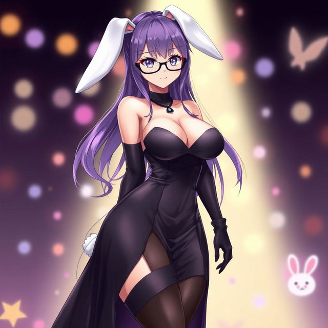 A sexy anime bunny girl with long, flowing purple hair that frames her face beautifully, complemented by stylish glasses that enhance her playful yet alluring personality