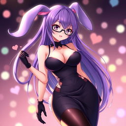 A sexy anime bunny girl with long, flowing purple hair that frames her face beautifully, complemented by stylish glasses that enhance her playful yet alluring personality