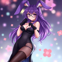 A sexy anime bunny girl with long, flowing purple hair that frames her face beautifully, complemented by stylish glasses that enhance her playful yet alluring personality