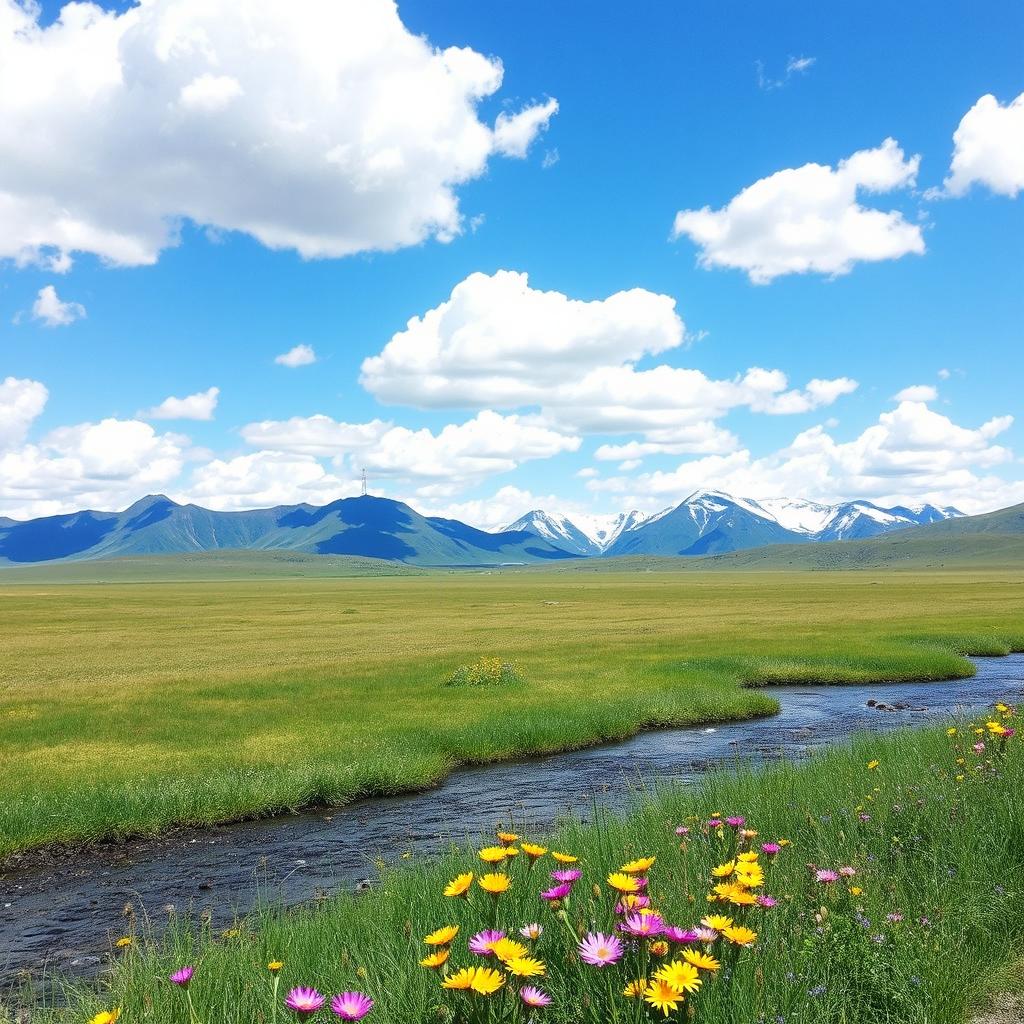 A serene outdoor landscape featuring a vast open field under a bright blue sky, dotted with fluffy white clouds