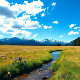 A serene outdoor landscape featuring a vast open field under a bright blue sky, dotted with fluffy white clouds