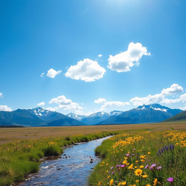 A serene outdoor landscape featuring a vast open field under a bright blue sky, dotted with fluffy white clouds