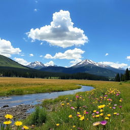 A serene outdoor landscape featuring a vast open field under a bright blue sky, dotted with fluffy white clouds