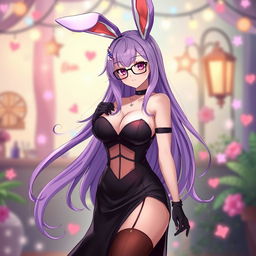 A sexy anime bunny girl featuring long, flowing purple hair that exudes charm and personality, paired with trendy glasses that accentuate her playful visage