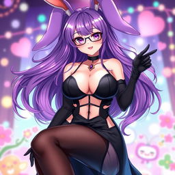A sexy anime bunny girl featuring long, flowing purple hair that exudes charm and personality, paired with trendy glasses that accentuate her playful visage