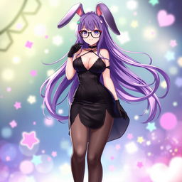 A sexy anime bunny girl featuring long, flowing purple hair that exudes charm and personality, paired with trendy glasses that accentuate her playful visage